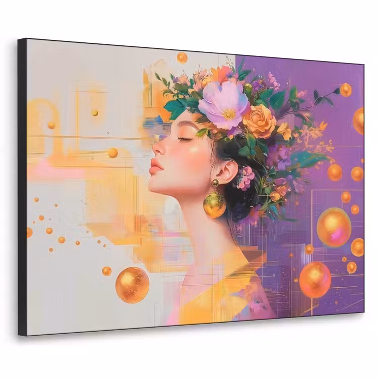 Abstract - Vrouw - Bloemenkroon - Goud Textielframe - compleet frame klein -3d