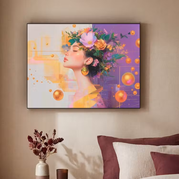 Abstract - Vrouw - Bloemenkroon - Goud Textielframe zwart klein -sfeer1