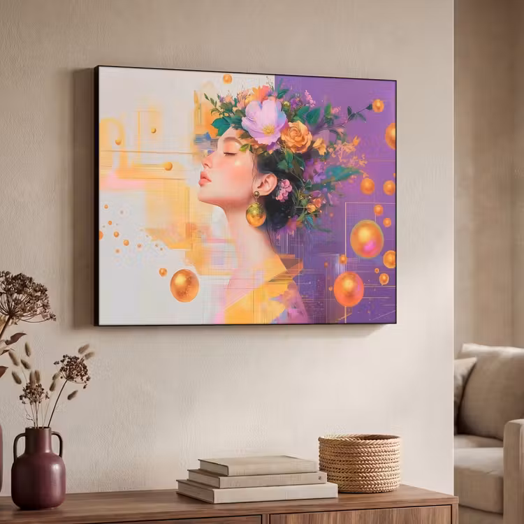 Abstract - Vrouw - Bloemenkroon - Goud Textielframe - compleet frame klein -sfeer3
