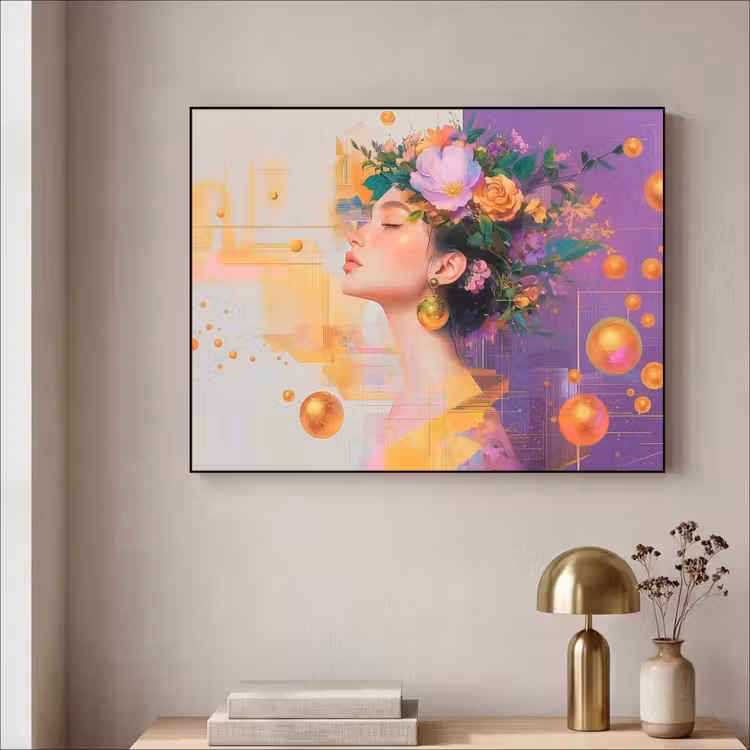 Abstract - Vrouw - Bloemenkroon - Goud Textielframe zwart klein -sfeer2