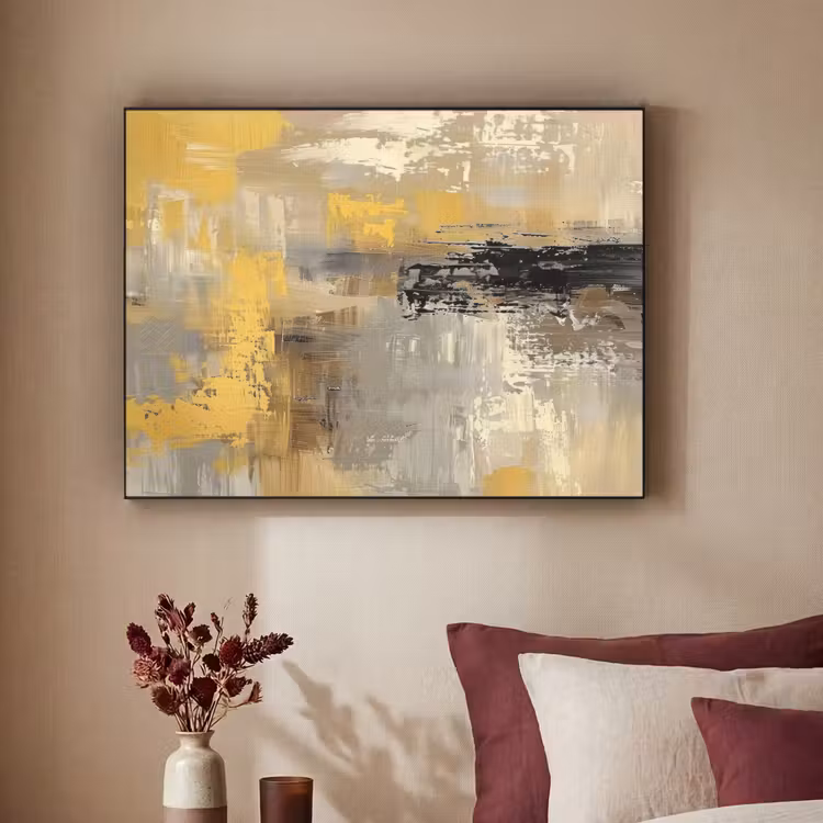 Abstract - Geel - Modern - Beige Textielframe - compleet frame klein -sfeer1