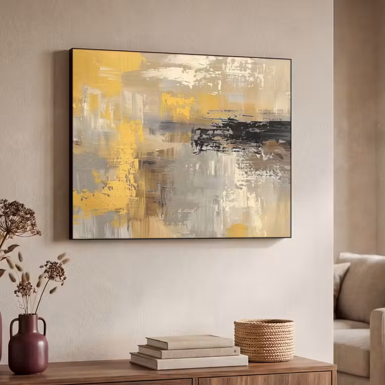 Abstract - Geel - Modern - Beige Textielframe - compleet frame klein -sfeer3
