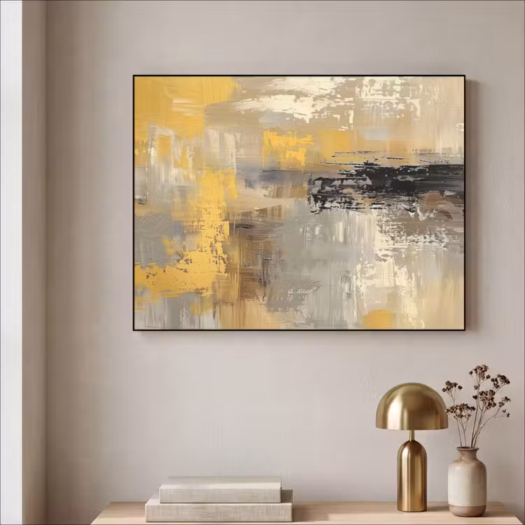 Abstract - Geel - Modern - Beige Textielframe zwart klein -sfeer2