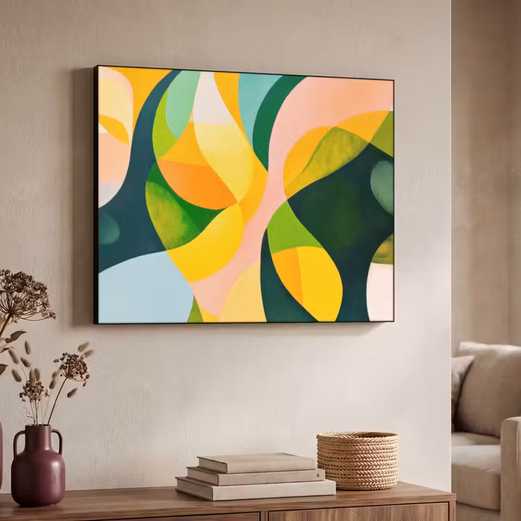 Abstract - Geel - Roze - Groen Textielframe zwart klein -sfeer3