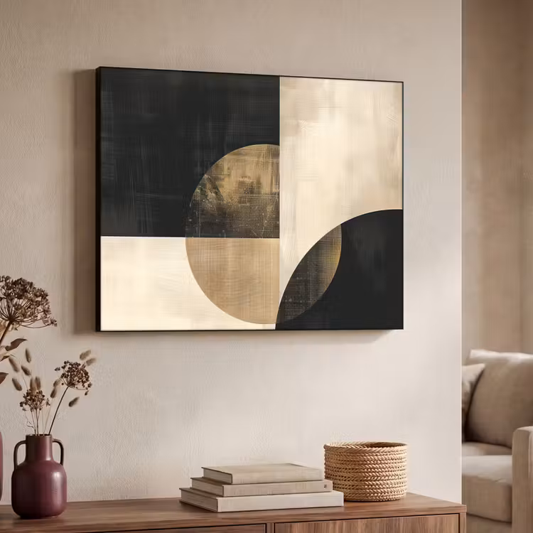 Abstract - Geometrische vormen - Zwart - Goud Textielframe zwart klein -sfeer3