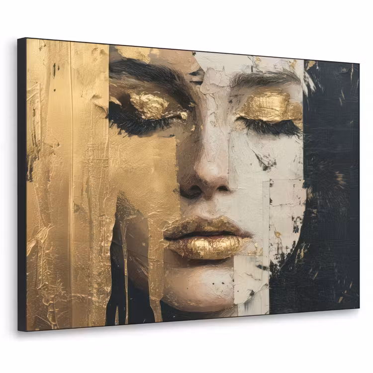 Abstract - Goud - Gezicht - Lippen Textielframe - compleet frame klein -3d