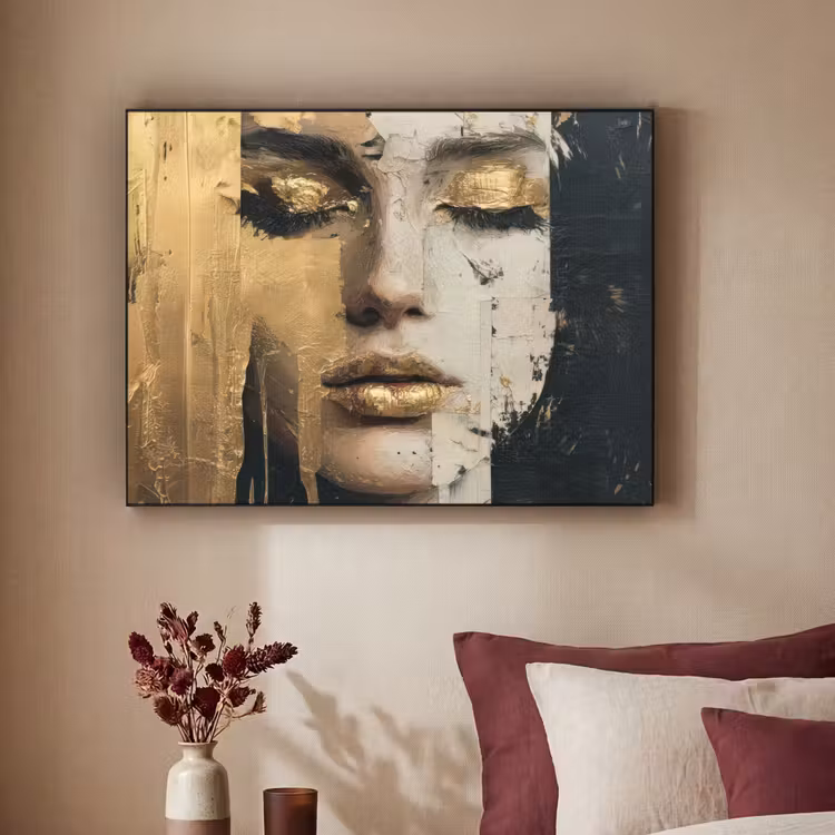 Abstract - Goud - Gezicht - Lippen Textielframe zwart klein -sfeer1