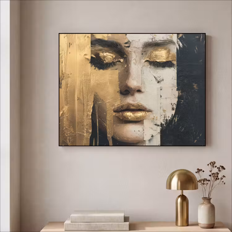 Abstract - Goud - Gezicht - Lippen Textielframe - compleet frame klein -sfeer2