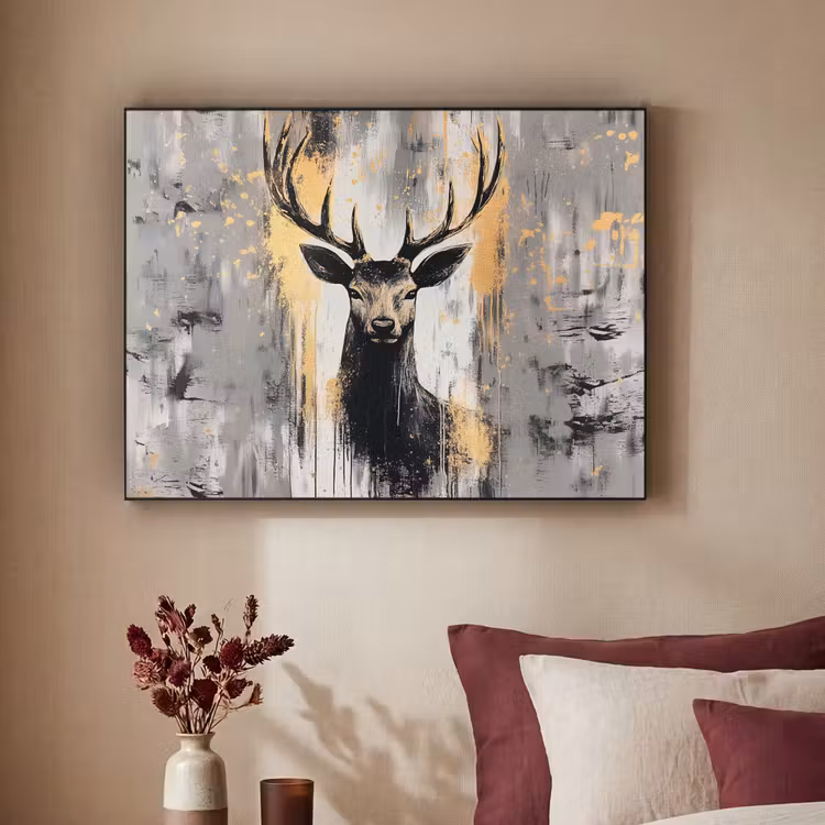 Abstract - Hert - Gewei - Goud Textielframe zwart klein -sfeer1
