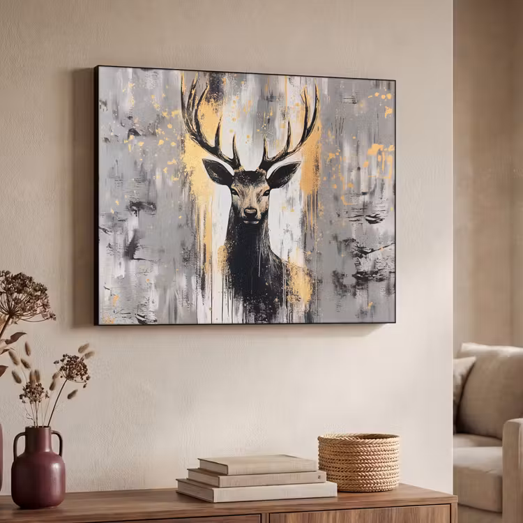 Abstract - Hert - Gewei - Goud Textielframe - compleet frame klein -sfeer3