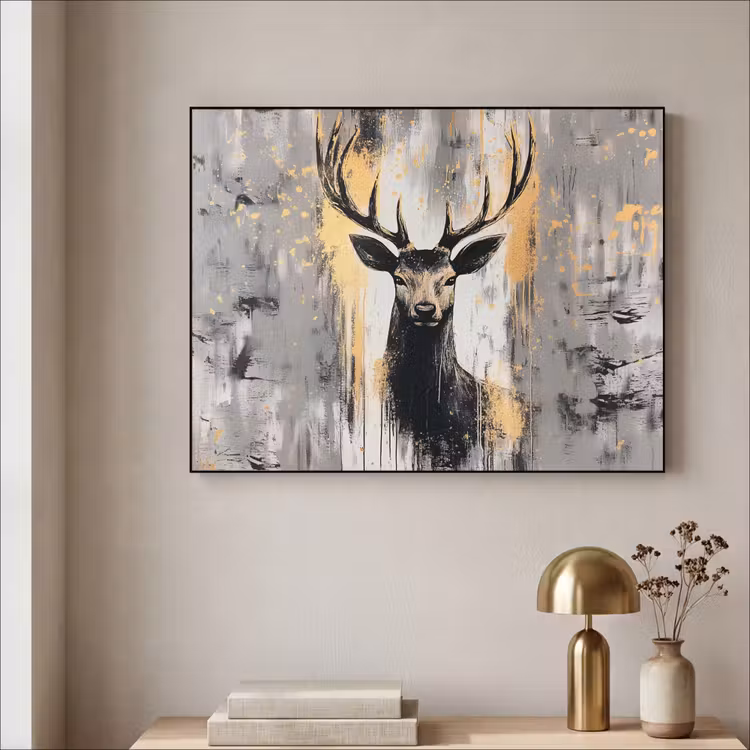 Abstract - Hert - Gewei - Goud Textielframe zwart klein -sfeer2