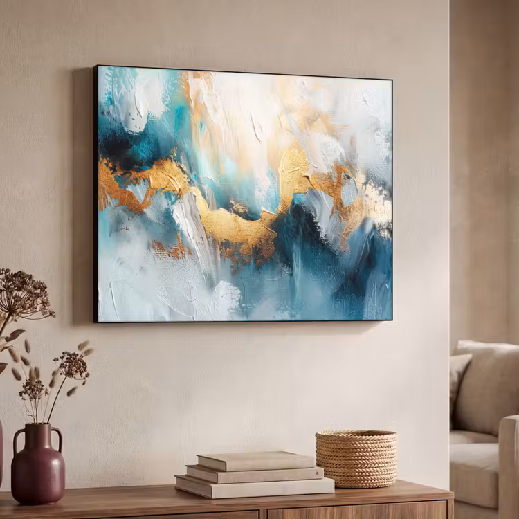 Abstract - Kunst - Gold - Blauw Textielframe zwart klein -sfeer3