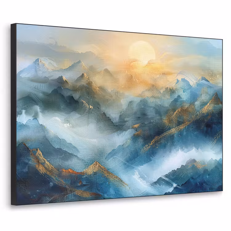 Abstract - Landschap - Bergen - Blauw - Modern Textielframe zwart klein -3d