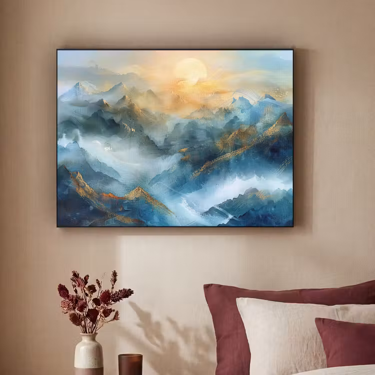 Abstract - Landschap - Bergen - Blauw - Modern Textielframe zwart klein -sfeer1