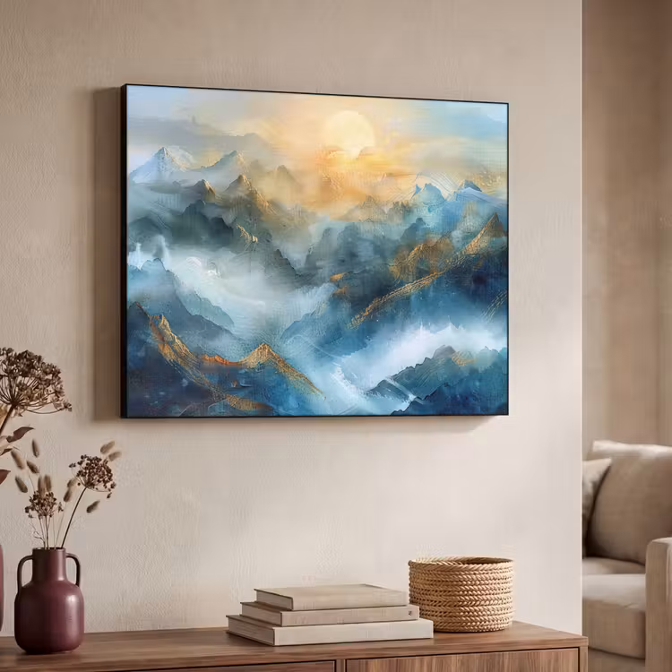 Abstract - Landschap - Bergen - Blauw - Modern Textielframe - compleet frame klein -sfeer3