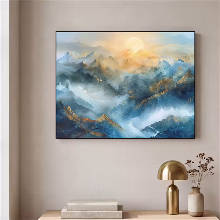 Abstract - Landschap - Bergen - Blauw - Modern Textielframe - compleet frame klein -sfeer2