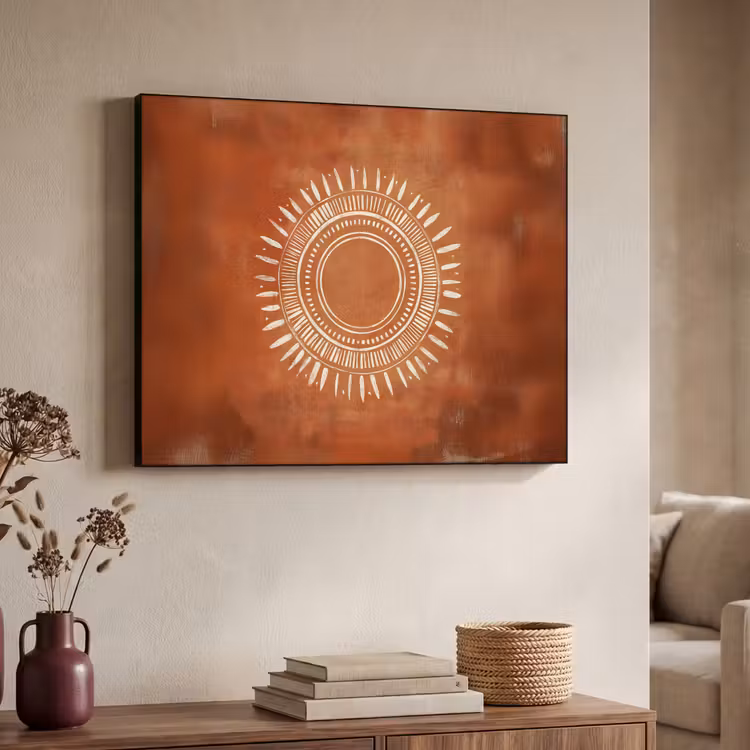 Abstract - Lijnen - Zonnestralen - Roodbruin Textielframe - compleet frame klein -sfeer3