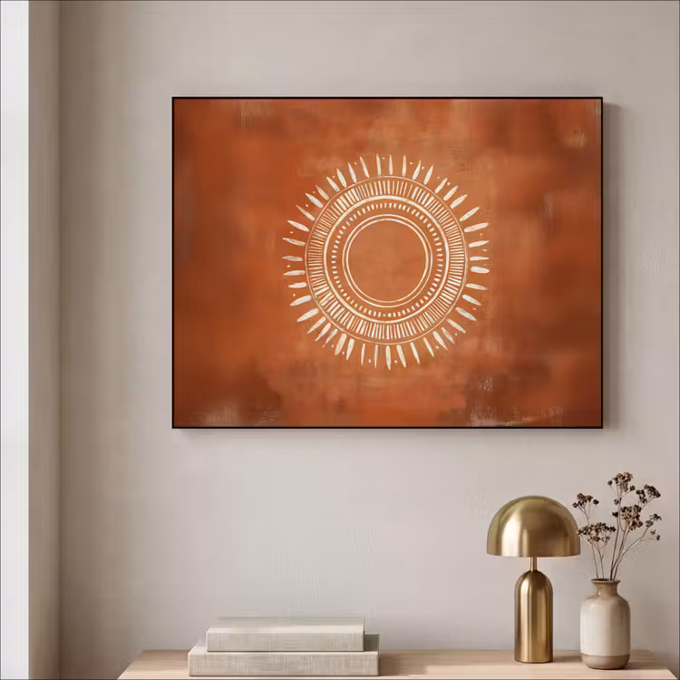 Abstract - Lijnen - Zonnestralen - Roodbruin Textielframe zwart klein -sfeer2