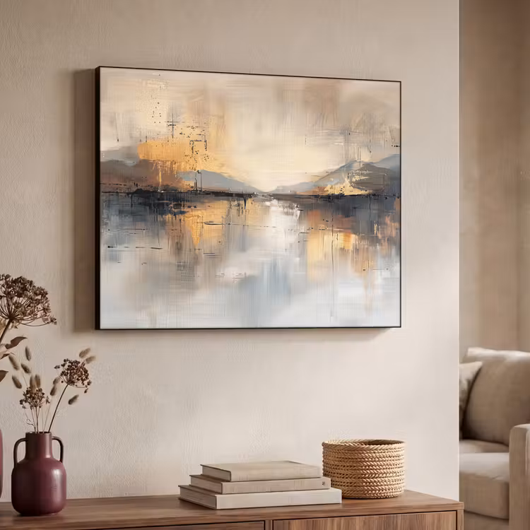 Abstract - Modern - Beige - Aesthetic - Goud Textielframe zwart klein -sfeer3
