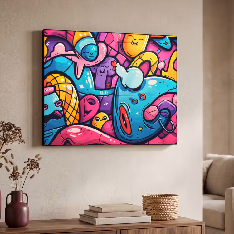 Abstract - Neon - Design - Kleurrijk - Graffiti Textielframe zwart klein -sfeer3