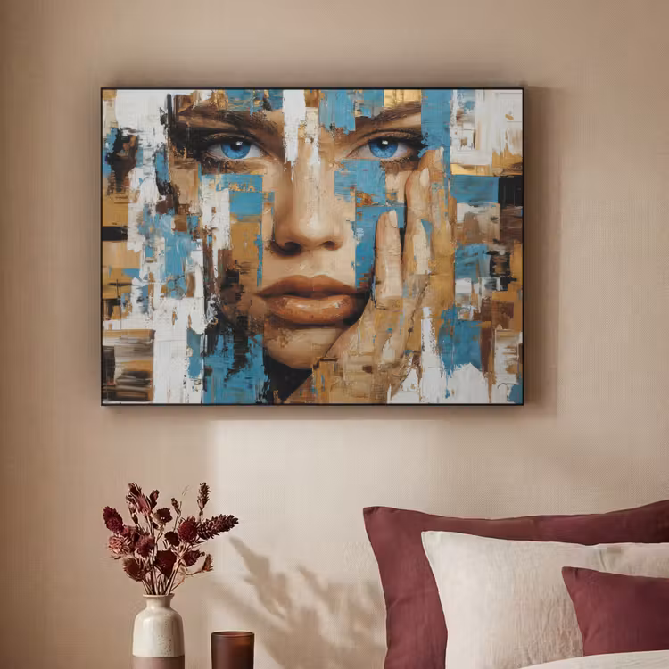 Abstract - Penseelstreken - Blauw - Gezicht Textielframe - compleet frame klein -sfeer1