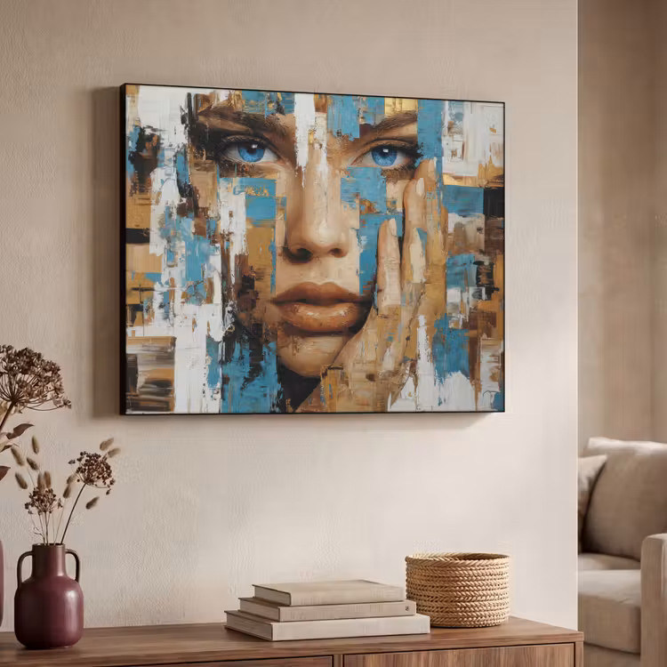 Abstract - Penseelstreken - Blauw - Gezicht Textielframe - compleet frame klein -sfeer3