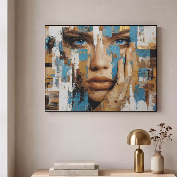 Abstract - Penseelstreken - Blauw - Gezicht Textielframe zwart klein -sfeer2