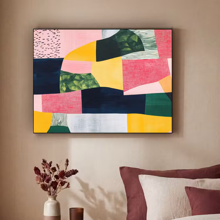 Abstract - Roze - Lappen - Vormen - Geel Textielframe - compleet frame klein -sfeer1