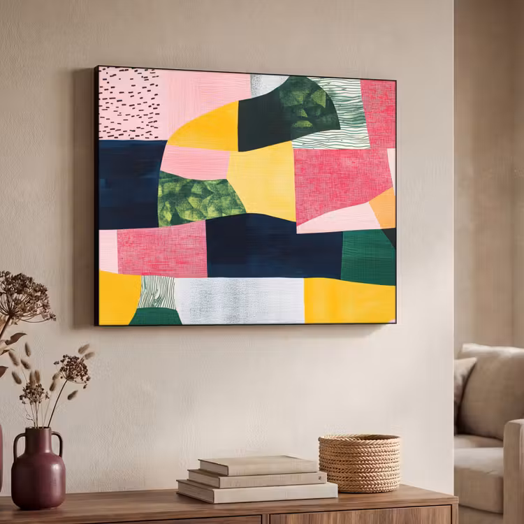 Abstract - Roze - Lappen - Vormen - Geel Textielframe - compleet frame klein -sfeer3