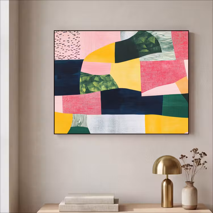 Abstract - Roze - Lappen - Vormen - Geel Textielframe zwart klein -sfeer2