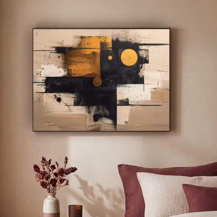 Abstract - Zwart - Goud - Modern Textielframe - compleet frame klein -sfeer1
