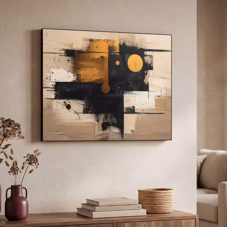 Abstract - Zwart - Goud - Modern Textielframe - compleet frame klein -sfeer3