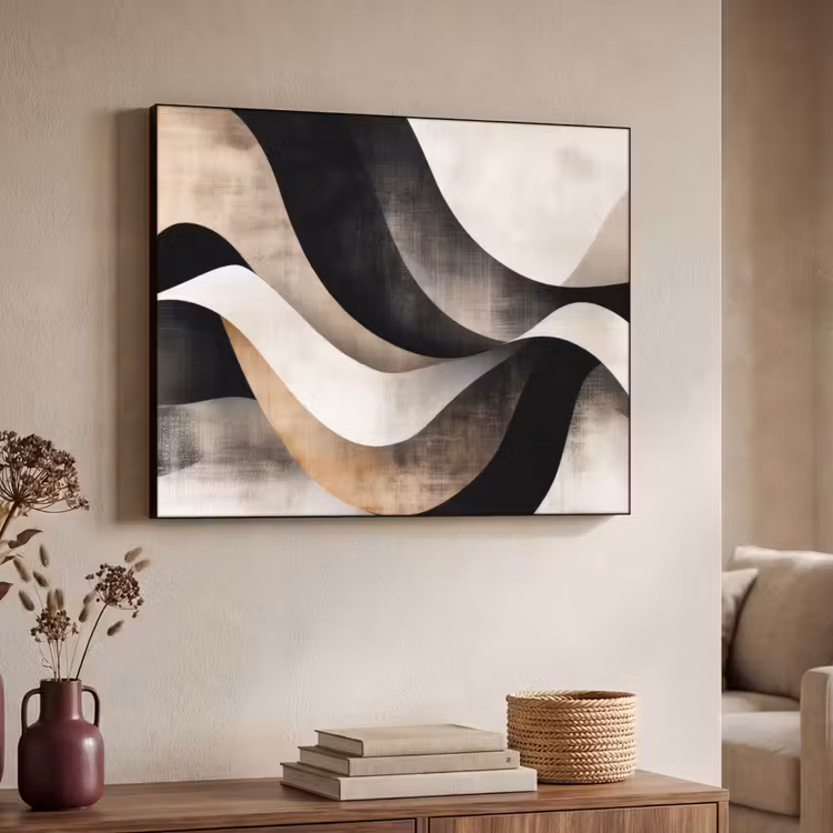 Abstract - Golven - Zwart - Verweerd Textielframe - compleet frame klein -sfeer3