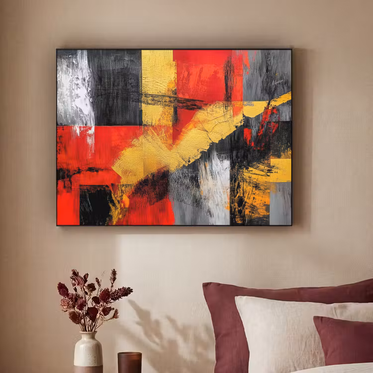 Abstracte kunst - Goud - Zwart Textielframe zwart klein -sfeer1