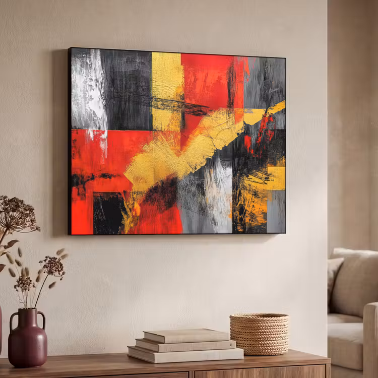 Abstracte kunst - Goud - Zwart Textielframe - compleet frame klein -sfeer3