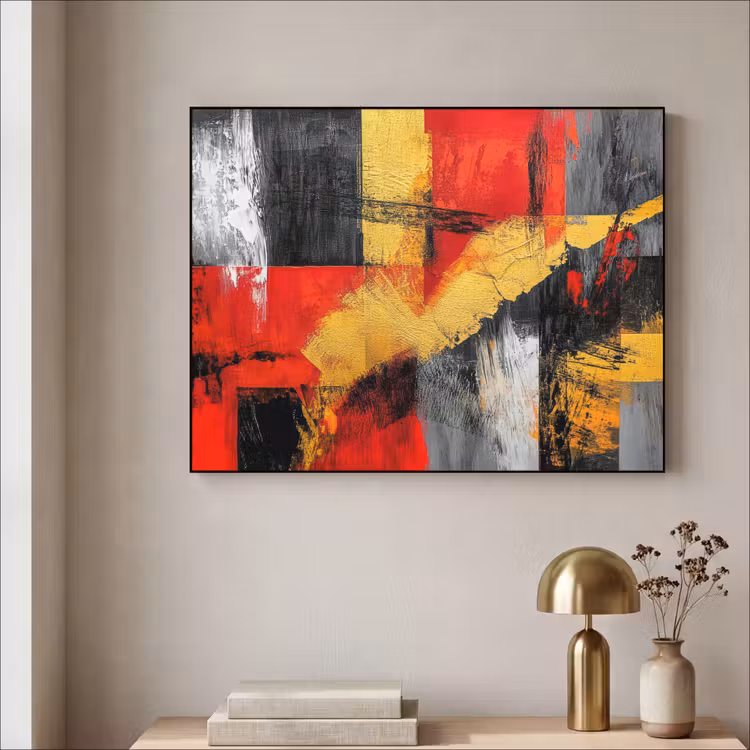 Abstracte kunst - Goud - Zwart Textielframe - compleet frame klein -sfeer2