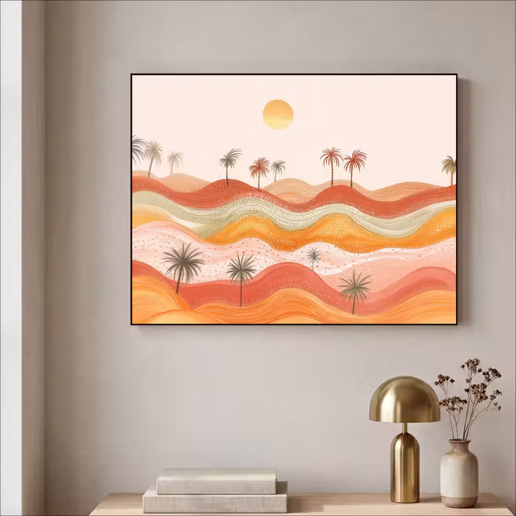 Abstract landschap - Palmbomen - Kleurrijk Textielframe - compleet frame klein -sfeer2