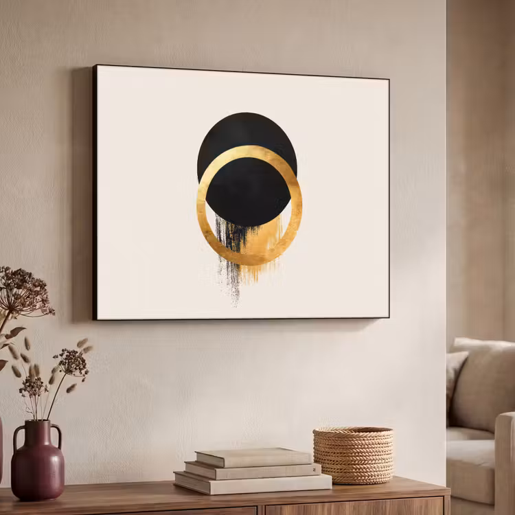 Abstract ontwerp - Zwarte cirkel - Verfvlekken Textielframe - compleet frame klein -sfeer3