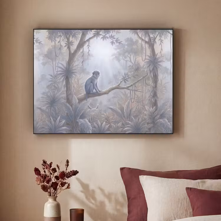 Aap - Boom - Jungle - Natuur - Grijs Textielframe zwart klein -sfeer1