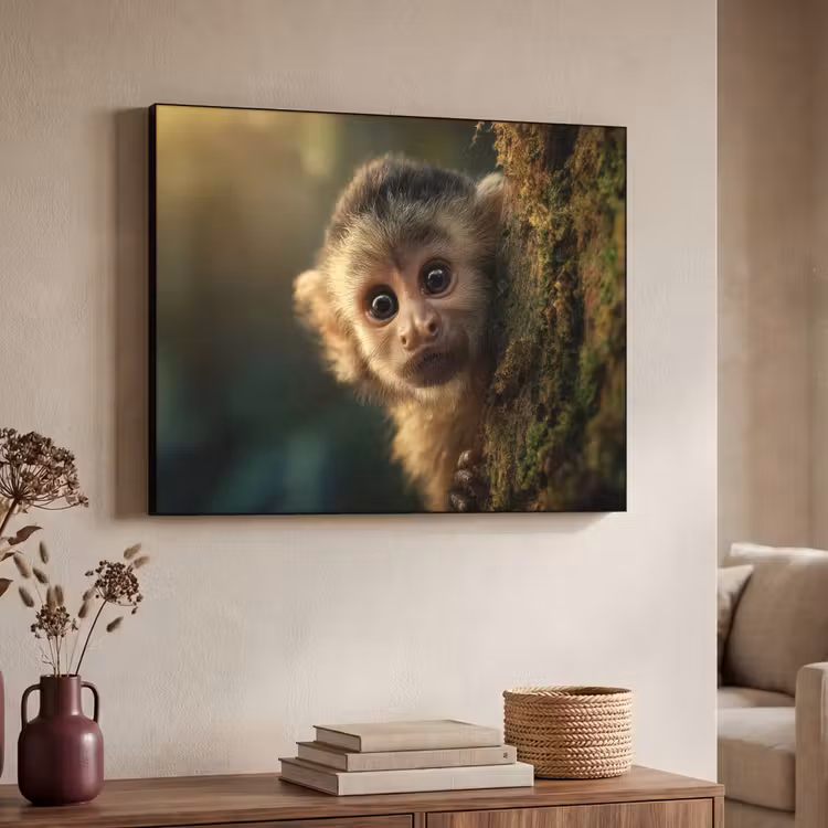 Aap - Boomstronk - Bruin Textielframe zwart klein -sfeer3