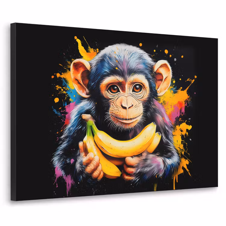 Aap - Graffiti - Kleurrijk - Bananen - Modern Textielframe zwart klein -3d
