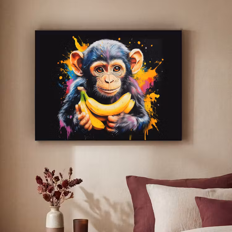 Aap - Graffiti - Kleurrijk - Bananen - Modern Textielframe - compleet frame klein -sfeer1