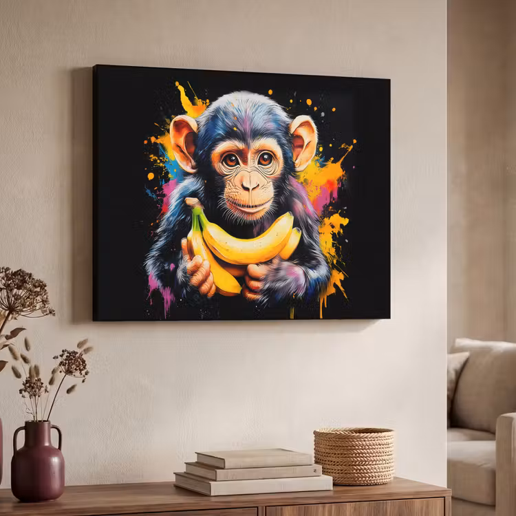 Aap - Graffiti - Kleurrijk - Bananen - Modern Textielframe zwart klein -sfeer3