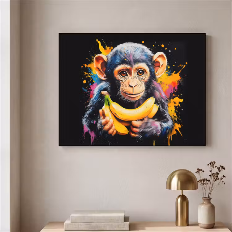 Aap - Graffiti - Kleurrijk - Bananen - Modern Textielframe - compleet frame klein -sfeer2