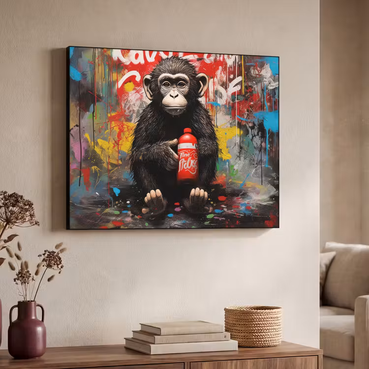 Aap - Graffiti - Dieren - Kunst - Flesje - Kleuren Textielframe zwart klein -sfeer3