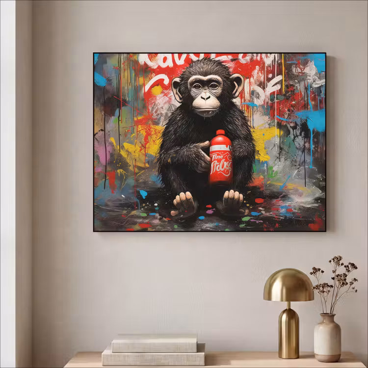 Aap - Graffiti - Dieren - Kunst - Flesje - Kleuren Textielframe zwart klein -sfeer2