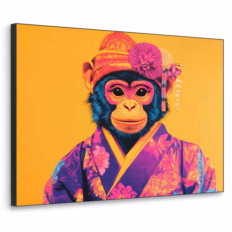 Aap - Kimono - Bloemen - Hoofdtooi Textielframe zwart klein -3d