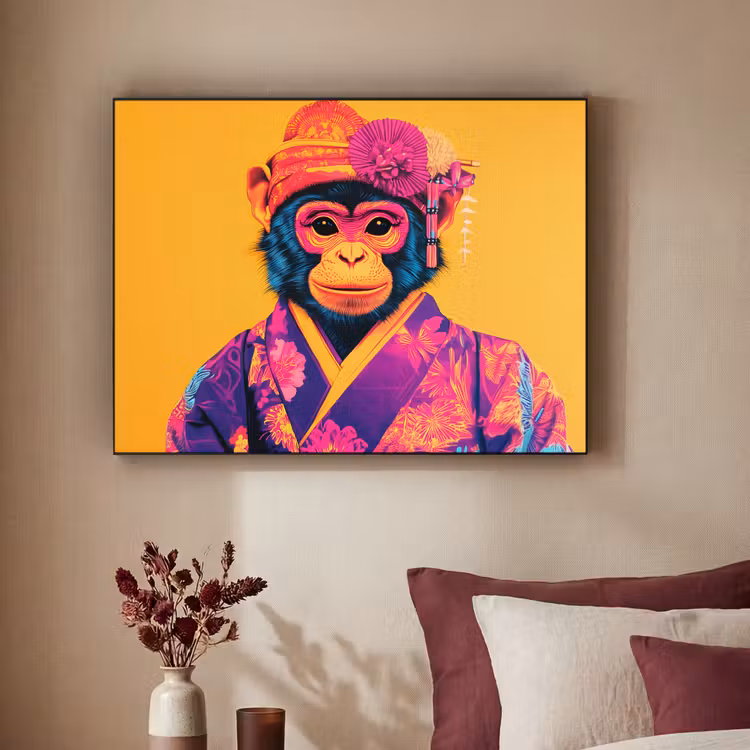 Aap - Kimono - Bloemen - Hoofdtooi Textielframe zwart klein -sfeer1