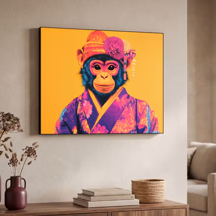 Aap - Kimono - Bloemen - Hoofdtooi Textielframe zwart klein -sfeer3