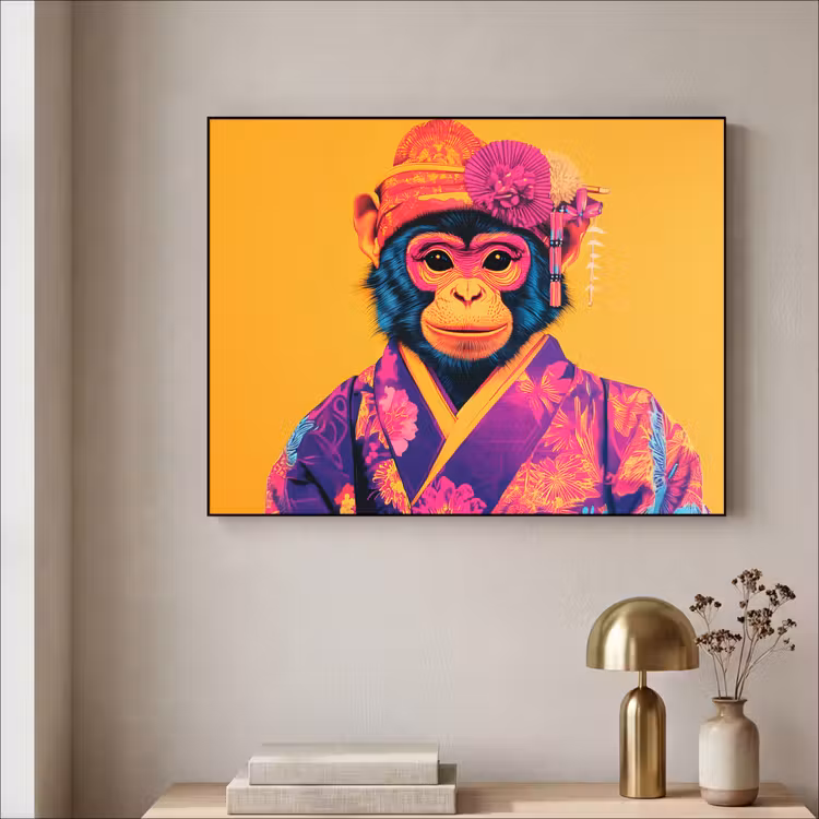Aap - Kimono - Bloemen - Hoofdtooi Textielframe zwart klein -sfeer2